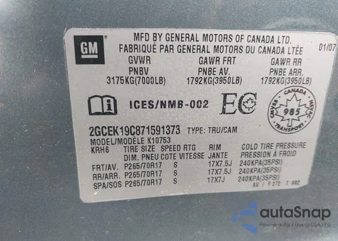 2007 Chevrolet Silverado 1500 Lt1/Work Truck from USA, damaged, VIN 2GCEK19C871591373